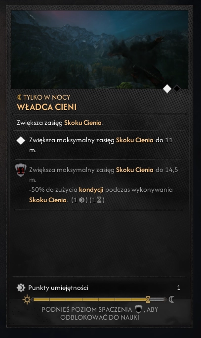 Ekran talentu „Władca cieni” w The Blood of Dawnwalker. Pierwsze ulepszenie zwiększa maksymalny zasięg Skoku Cienia do 11 metrów. Źródło: własny zrzut ekranu z gry.