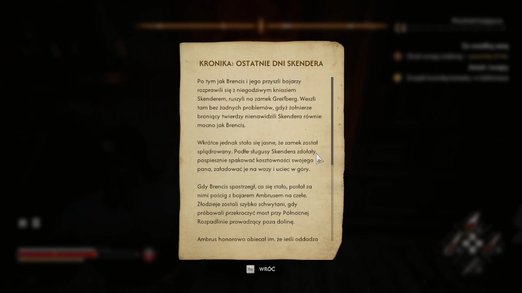 Otwarty dokument „Kronika: Ostatnie dni Skendera” opisuje wywiezienie skarbów z zamku Greifberg w stronę górskiego mostu. Źródło: The Blood of Dawnwalker, własne nagranie autora.
