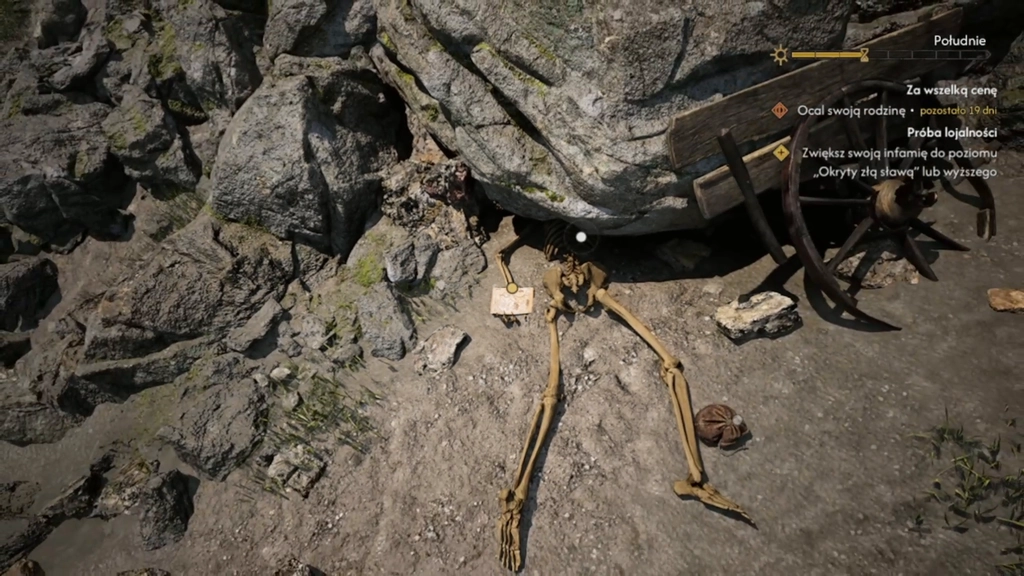 Mapa pokazuje górską lokację będącą celem zadania „Grób w górach”, na północny zachód od pozycji Coena. Źródło: The Blood of Dawnwalker. Kadr z nagrania rozgrywki autora.