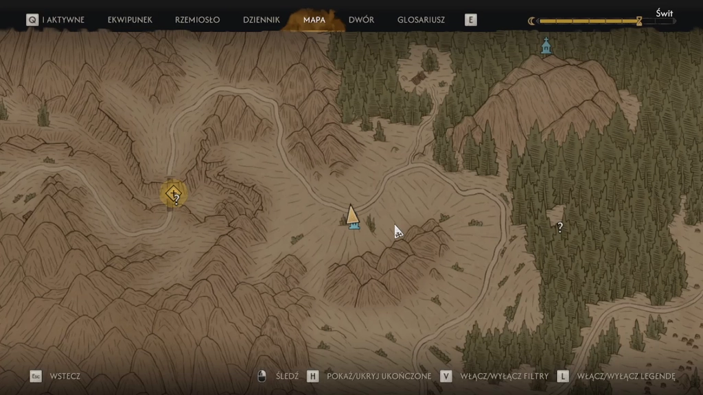 Mapa pokazuje pozycję Coena wśród górskich ścieżek, złoty znacznik zadania na zachodzie oraz las na wschodzie. Źródło: The Blood of Dawnwalker, własne nagranie autora.