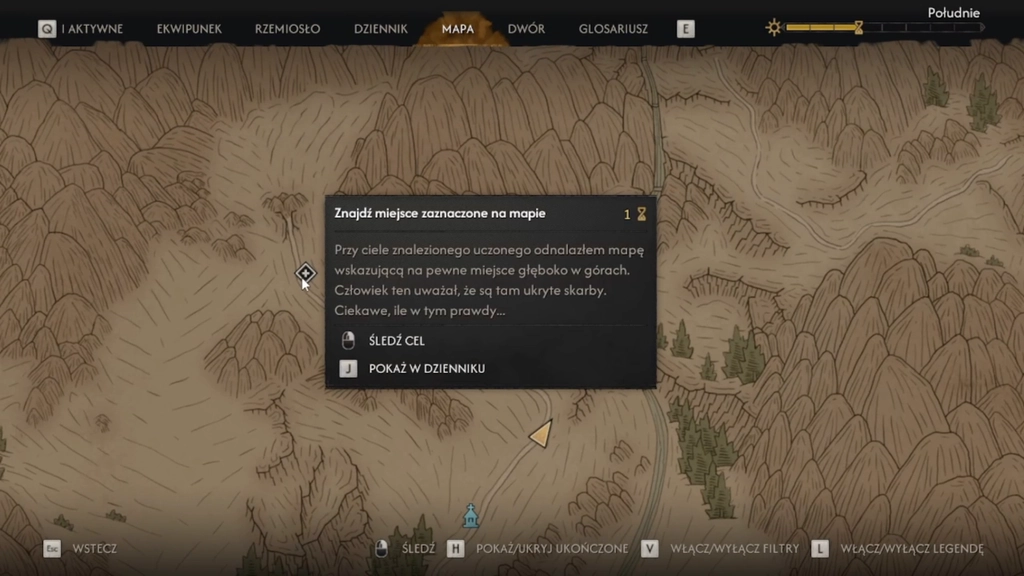 Mapa pokazuje górską lokację będącą celem zadania „Grób w górach”, na północny zachód od pozycji Coena. Źródło: The Blood of Dawnwalker. Kadr z nagrania rozgrywki autora.