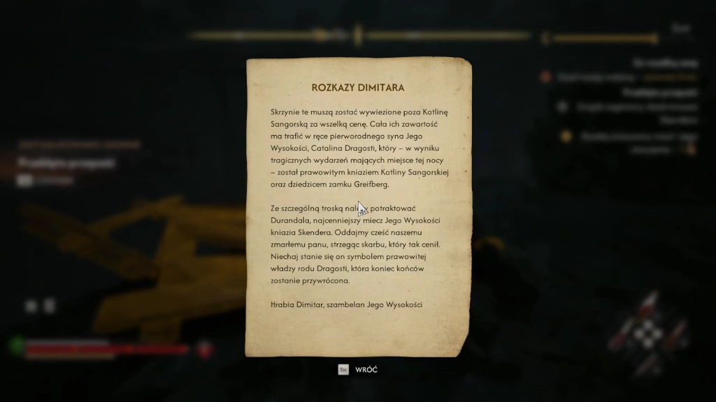 „Rozkazy Dimitara” nakazują żołnierzom chronić skarb Skendera i wymieniają Durandala jako jego najcenniejszy miecz. Źródło: The Blood of Dawnwalker, własne nagranie autora.