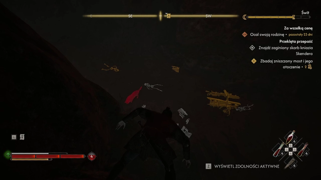 Coen schodzi w stronę dna przepaści. Tryb skupienia podświetla rozbite wozy i szkielety, a wilk jest widoczny jako czerwona sylwetka. Źródło: The Blood of Dawnwalker, własne nagranie autora.