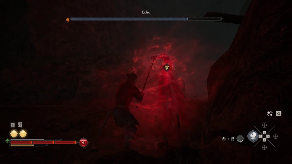 Coen walczy z Echem, czerwoną zjawą w skalnej przepaści. U góry ekranu widnieją nazwa przeciwnika oraz jego pasek zdrowia. Źródło: The Blood of Dawnwalker, własne nagranie autora.