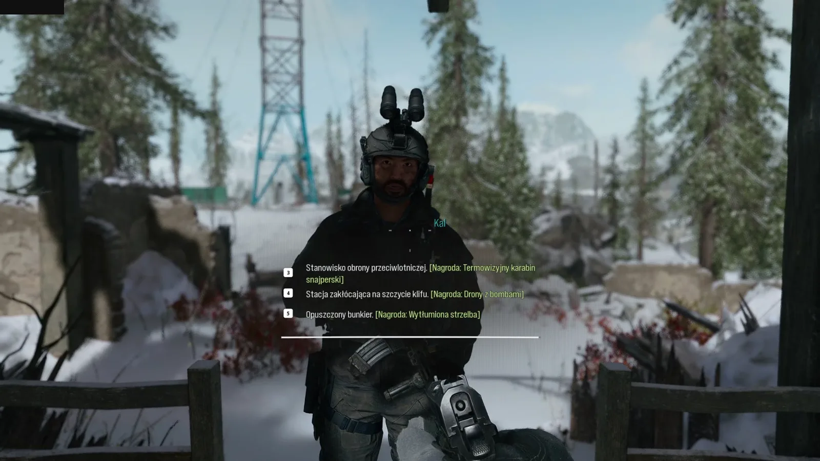 Kal na zaśnieżonym terenie i wybór jednego z trzech celów z nagrodami w misji W tarapatach w Modern Warfare 4
