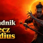 Okładka z angielskim napisem „Guide Gladius Sword” w bieli i złocie. Coen trzyma miecz na tle ognistego krajobrazu i zaćmienia Słońca. Źródło: grafika przekazana przez autora, edycja AI.