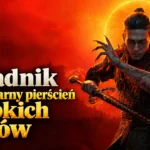 Okładka z napisem „Poradnik. Legendarny pierścień szybkich ciosów”. Coen trzyma miecz na tle pomarańczowo-czerwonego krajobrazu i świetlistego zaćmienia. Źródło: przekazana grafika okładkowa The Blood of Dawnwalker; napisy przerobione przy użyciu AI.