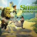 Kadr ze zwiastuna Shrek 2 Remastered. Shrek, Fiona, Osioł, Kot w Butach i Ciastek biegną lub podskakują na tle zielonej baśniowej krainy. Po prawej znajduje się duże logo gry, a na dole logotypy Steam, DreamWorks i Aspyr. Źródło: zwiastun DreamWorks Shrek 2 Remastered na Steamie, Aspyr / DreamWorks. Zrzut ekranu wykonany przez autora.