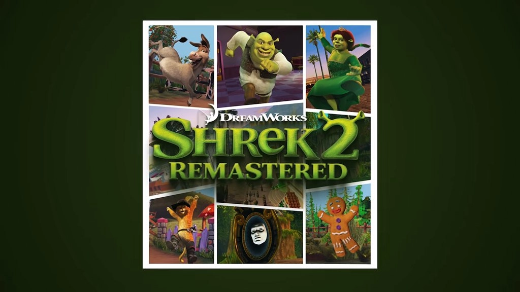 Grafika promocyjna DreamWorks Shrek 2 Remastered na ciemnozielonym tle. Kolaż w białej ramce przedstawia Shreka, Fionę, Osła, Kota w Butach, Magiczne Lustro i Ciastka wokół dużego zielonego logo gry. Źródło: materiały promocyjne DreamWorks Shrek 2 Remastered, Aspyr / DreamWorks.