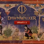 Grafika aktualizacji 1.1 do The Blood of Dawnwalker, stylizowana na średniowieczną iluminację. W centrum logo gry i napis „Update 1.1”. Wokół trzy przedstawienia bohatera: z uniesioną ręką pośród jasnych smug, głaszczącego kota obok siedzącego psa oraz czytającego księgę. Źródło: Rebel Wolves, oficjalna strona gry.