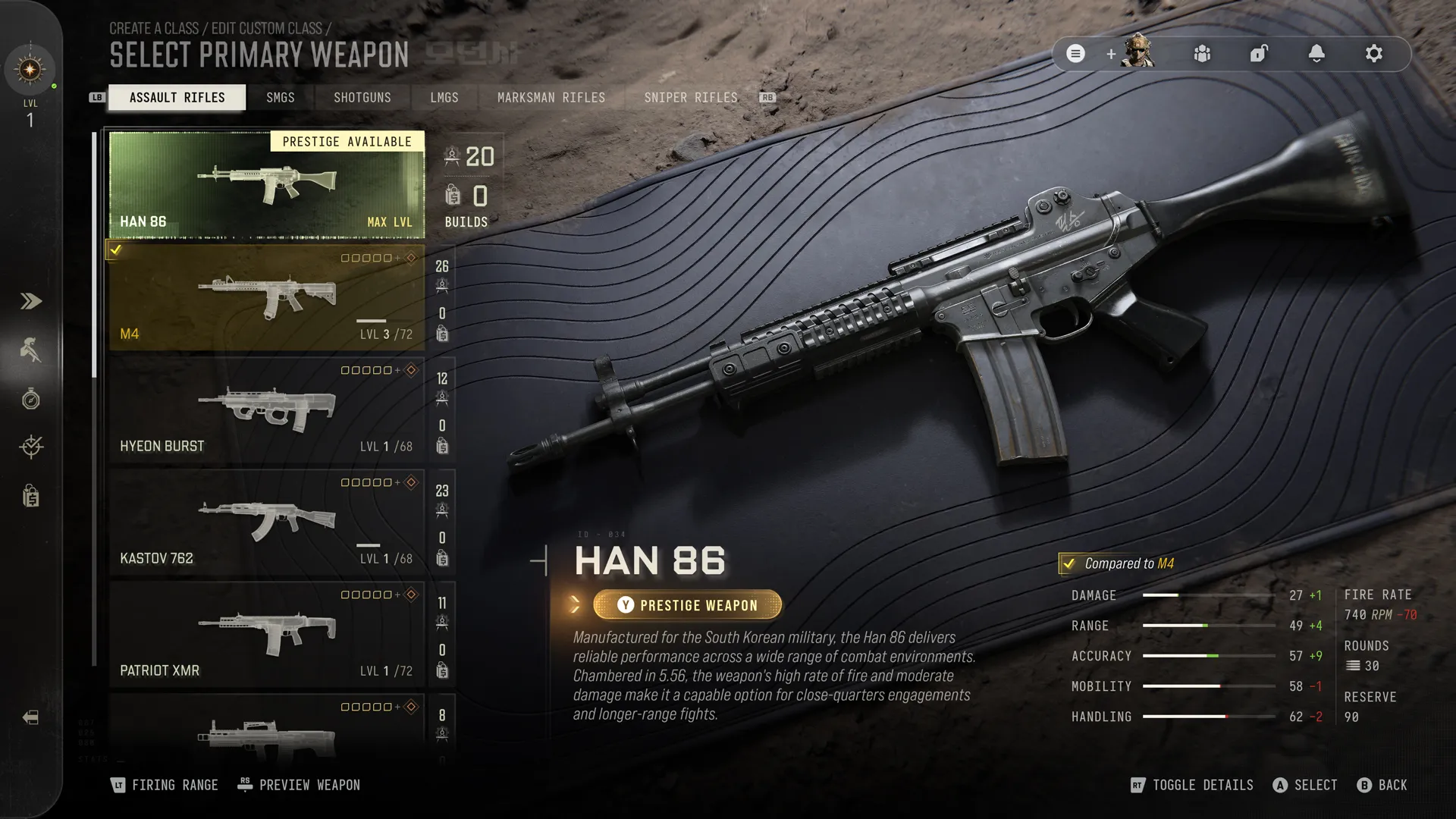 Ekran wyboru broni głównej w Modern Warfare 4 z karabinem Han 86