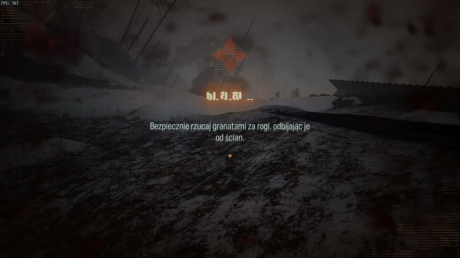 Ekran porażki w okopie Bravo z podpowiedzią o rzucaniu granatów za rogi w misji W okopach w Modern Warfare 4