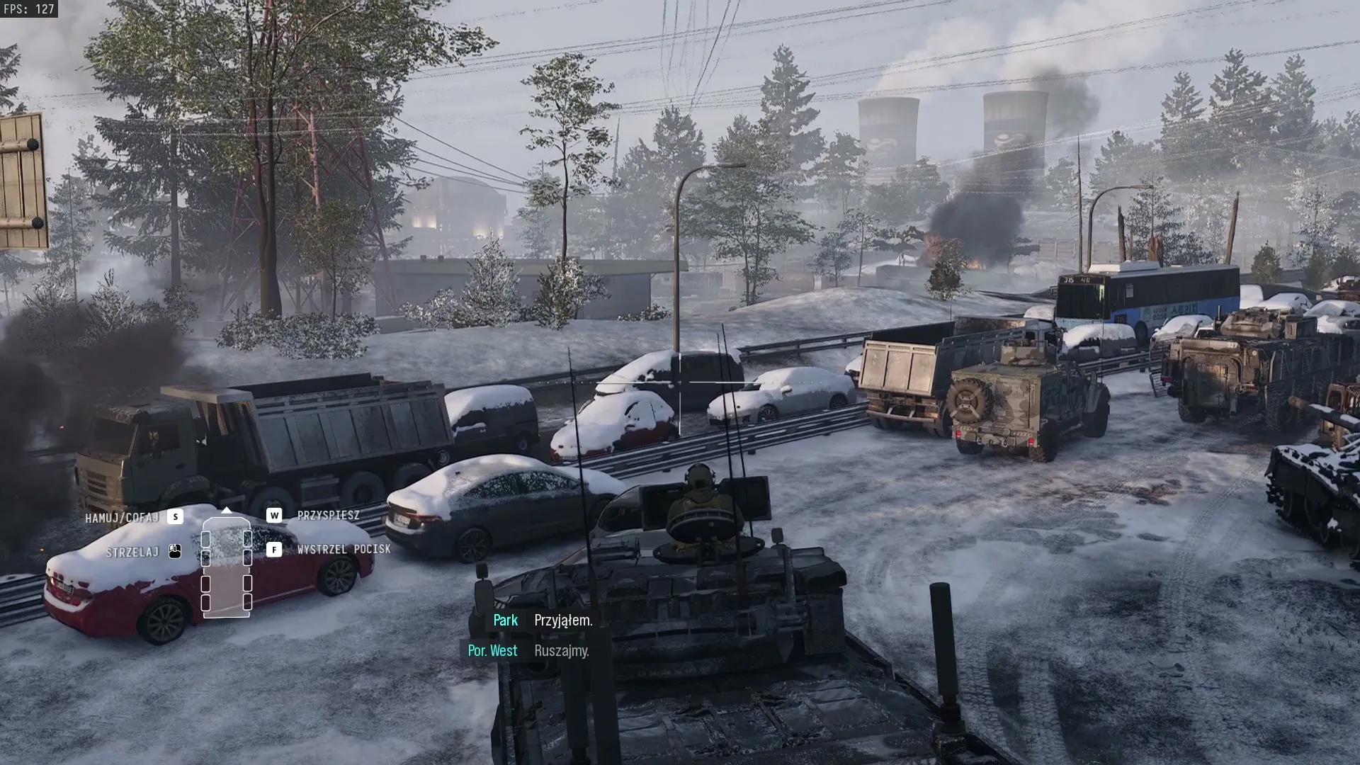 Jazda transporterem APB z wyrzutnią rakiet w kolumnie pojazdów w misji W okopach w Modern Warfare 4